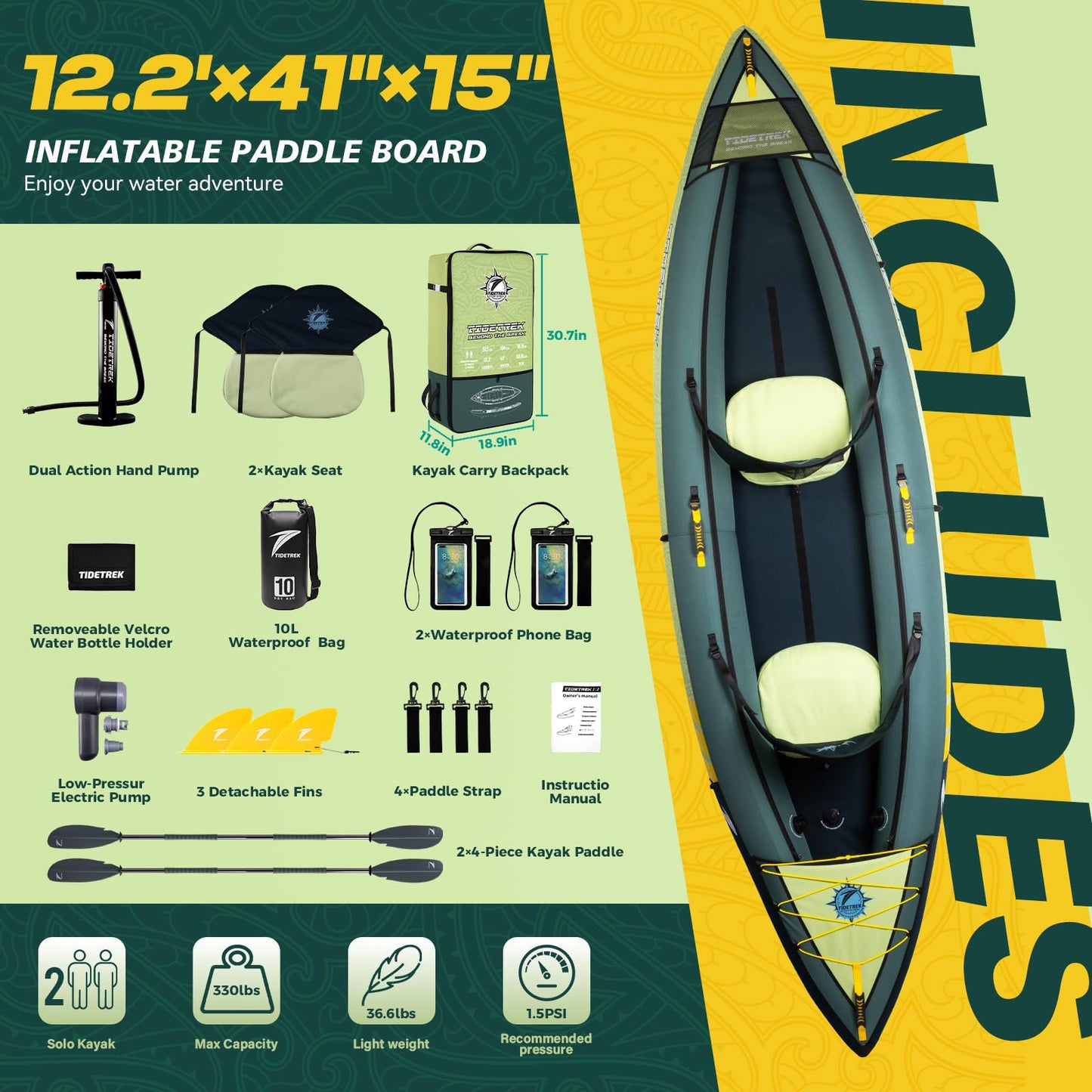 TIDETREK Inflatable Touring Kayak 1-Person & 2-Person with Waterproof Seat & Full Accessory Kit, Lightweight Recreational Kayak for Lake, River & Fishing (Jungle Trail, 2-Person(Tandem))