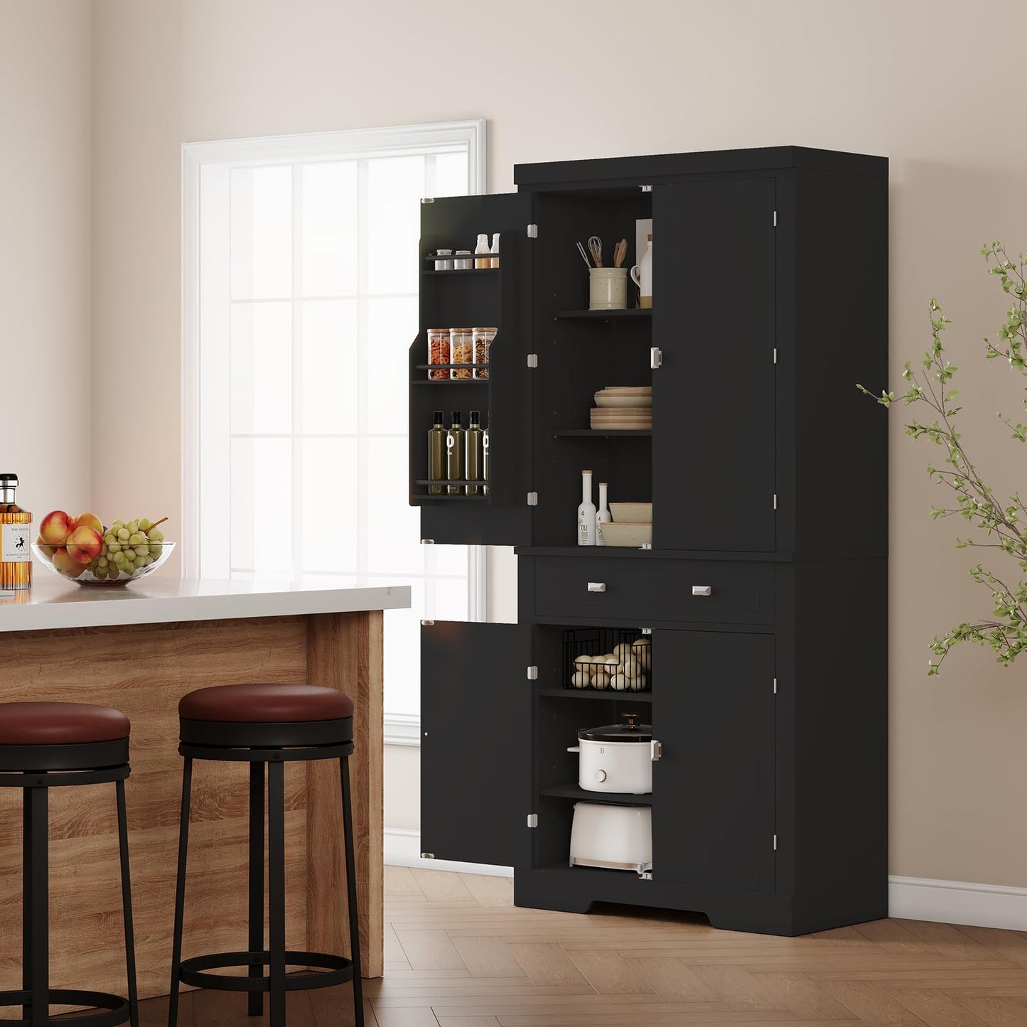 72" Kitchen Pantry Cabinet, Kitchen Pantry with 6 Door Shelves, 2 Cabinets and 1 Drawer, Tall Storage Cabinet for Living Room, Dining Room, Black