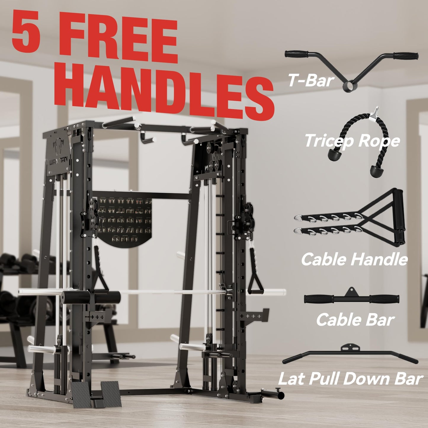 Waxman Smith Machine, 2200lbs Squat Rack with LAT-Pull Down System & Cable Crossover Machine, Training Equipment with Leg Hold-Down Attachment, Garage & Home Gym Package with 340lBS Black Plates