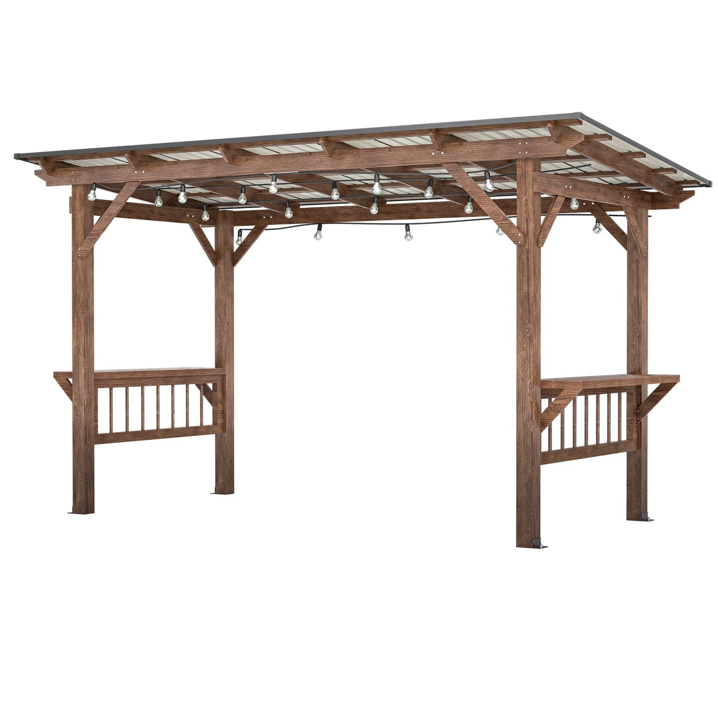 YOPTO 13x6.5 FT Outdoor Wooden Pergola Grill Gazebo with Metal Roof & Bulbs,Waterproof Garden Canopy W/Bar Counters,for Patio,Backyard,Swimming Pool,Brown
