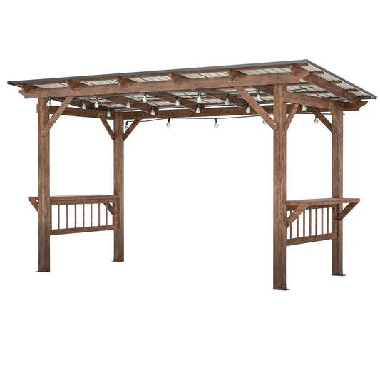YOPTO 13x6.5 FT Outdoor Wooden Pergola Grill Gazebo with Metal Roof & Bulbs,Waterproof Garden Canopy W/Bar Counters,for Patio,Backyard,Swimming Pool,Brown