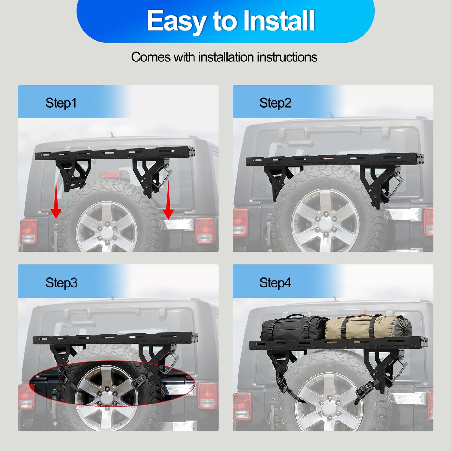 Spare Tire Utility Cargo Basket Storage Rack，for 30-40 Inch Tires，80 LBS Load Capacity, No-Drill Installation, Fit for 1976-2026 Jeep Wrangler JK JL TJ YJ CJ, Ford Bronco, RV & SUV Camping Gear Mount