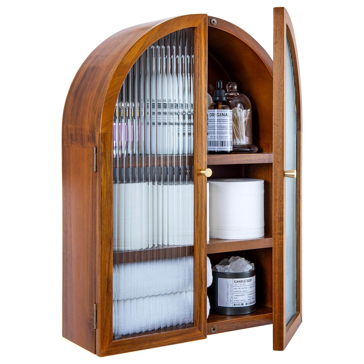 MyGift Medicine Cabinet, Arched Wall Cabinet, Bathroom Medicine Wall Mounted Cupboard, Mid Century Style Floating Storage Cabinet with Glass Door, Natural Acacia Wood