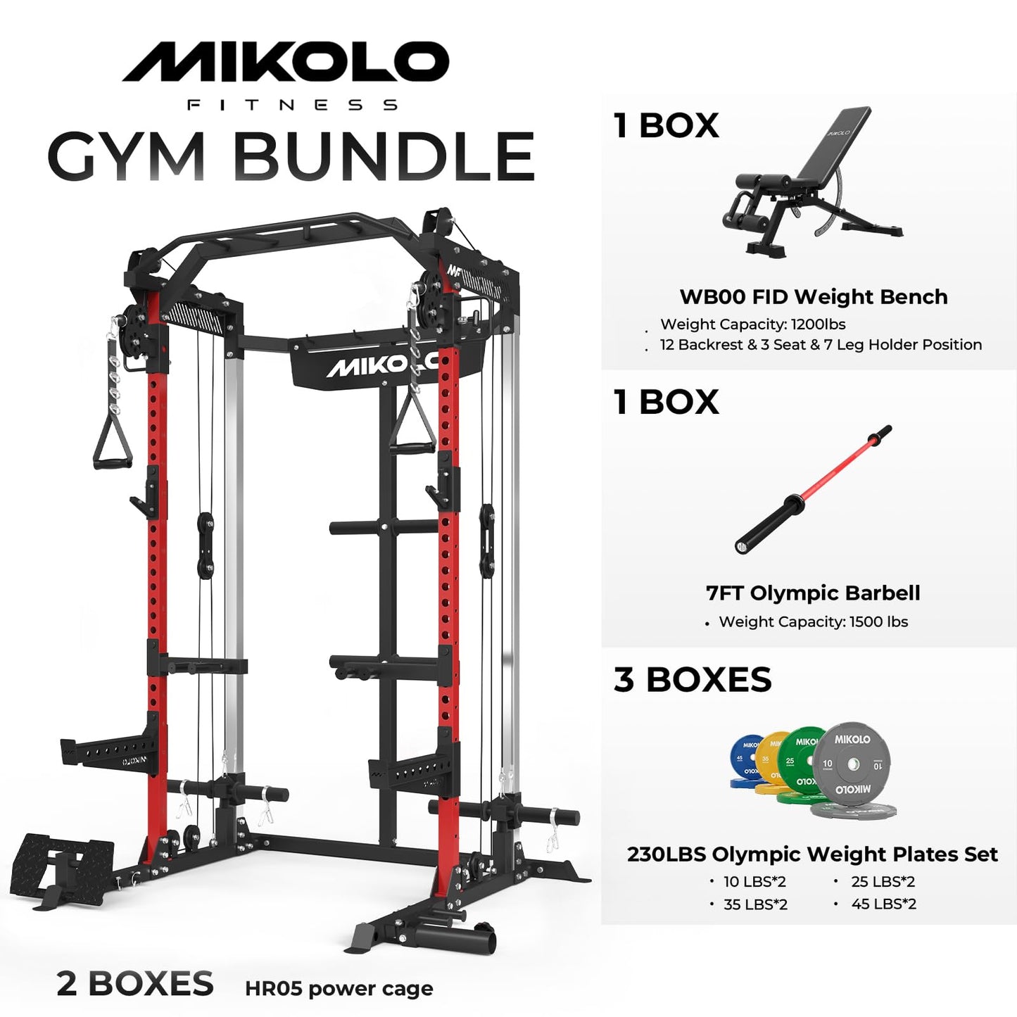 Mikolo Power Cage, 2000LB Power Rack with Independent Dual Pulley System, Multi-Function Home Gym Workout Machine for Cable Crossover and Squat(Red Package)