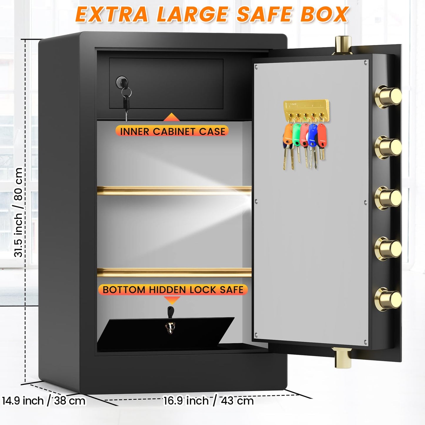 83LBS Fireproof Safe Box with Hidden Lock Box, 31.5''H Large Document Safe with Fireproof Waterproof Bag, Anti-Theft Dual Alarm, Digital Security Safe for Home Business, Wider Deeper Design