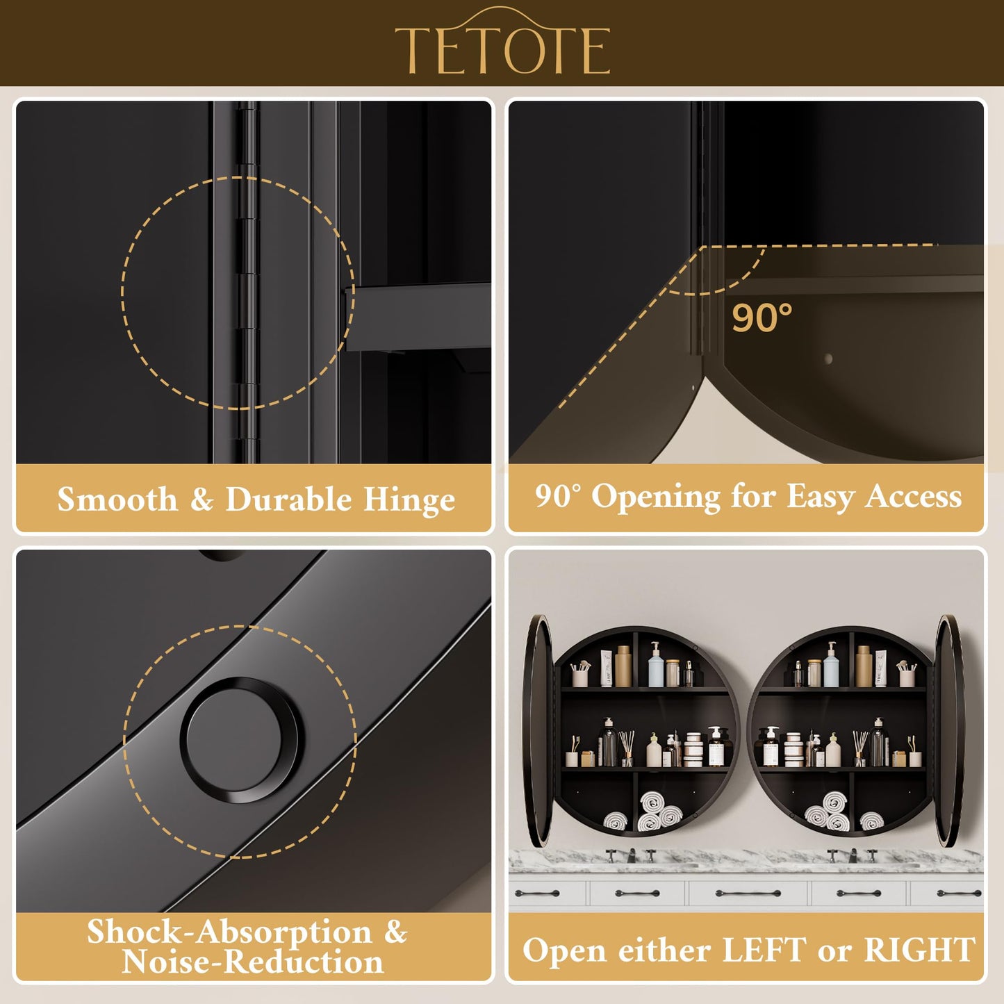 TETOTE 24 x 24 Inch Medicine Cabinet Mirror Black Framed Round Mirrored Medicine Cabinets for Bathroom Adjustable Shelves Modern Bathroom Mirror with Storage Wall Mounted