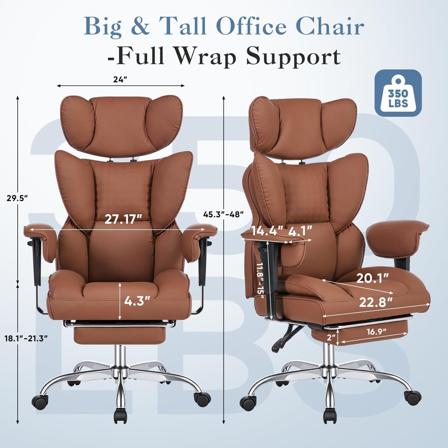 Big and Tall Office Chair 350 LBS, Scratch-Resistant PU Leather Executive Office Desk Chair with Footrest, Ergonomic Reclining Computer Chair with Pocket Spring Support for Home Office, Brown