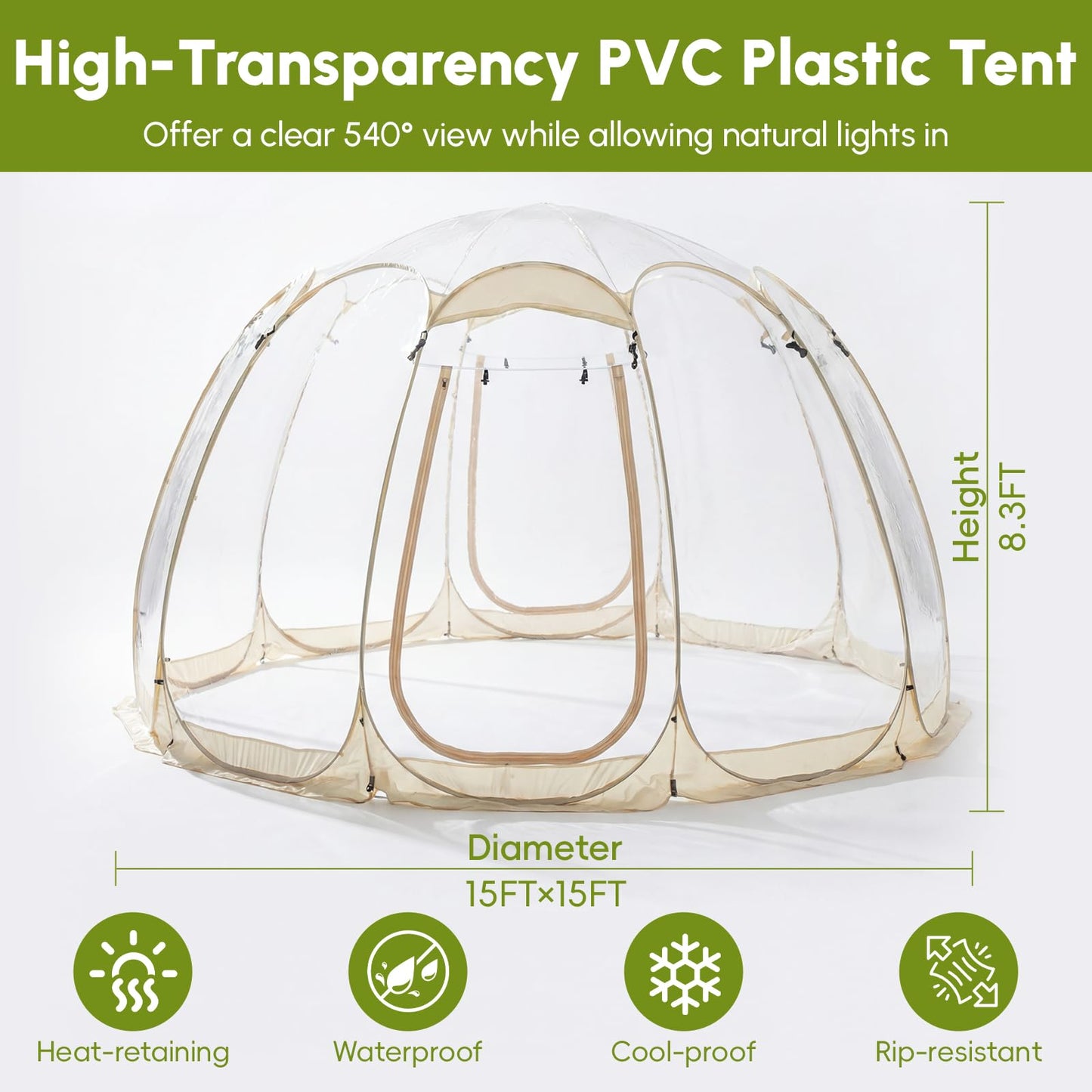 Pop Up Bubble Tent,15 x 15 ft Outdoor Greenhouse Clear Camping Shelters,8-12 Persons Igloo Tent,PVC 540°Degree Fully Transparent,Weatherproof and Cold Protection Portable,for Patio and Backyard