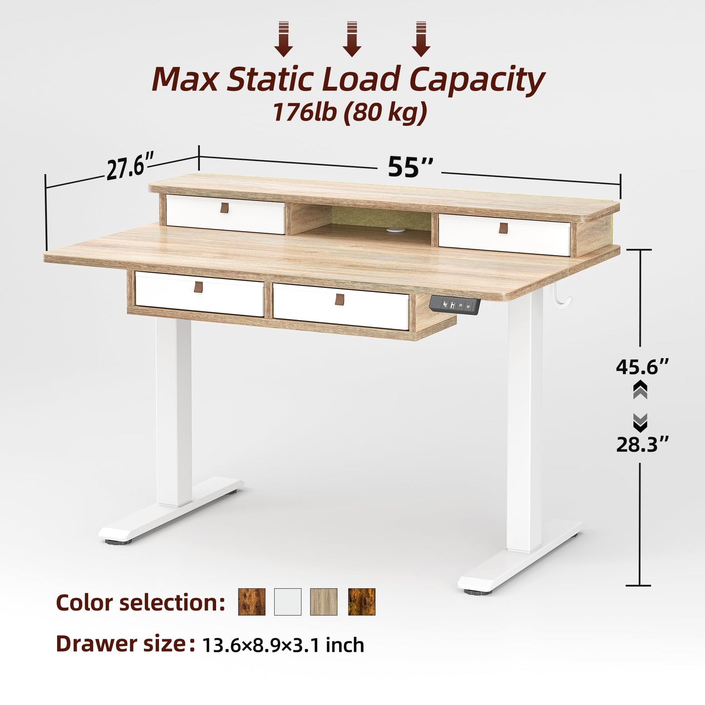 TIQLAB 55 * 28 Inch Standing Desk with Four Drawers, Electric Sit Stand Table, Stand Up Desk Adjustable Height with Storage Shelf, Splice Board, Maple