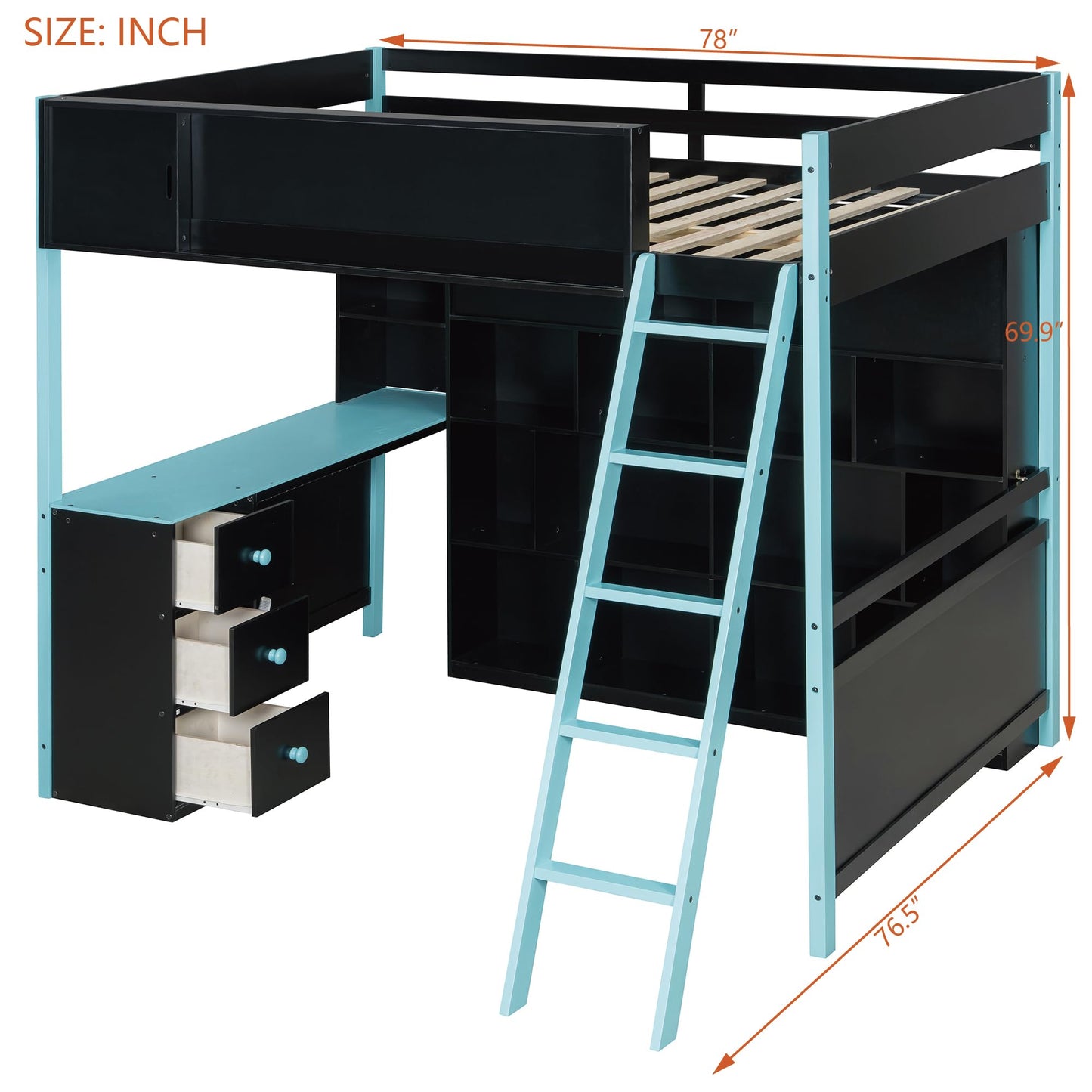 Merax Full Size Wood Loft Bed Frame with Desk and Ample Storage Space, Gaming Bed with Light Strip for Teens Bedroom, Full-Length Guardrails, No Box Spring Needed, Blue