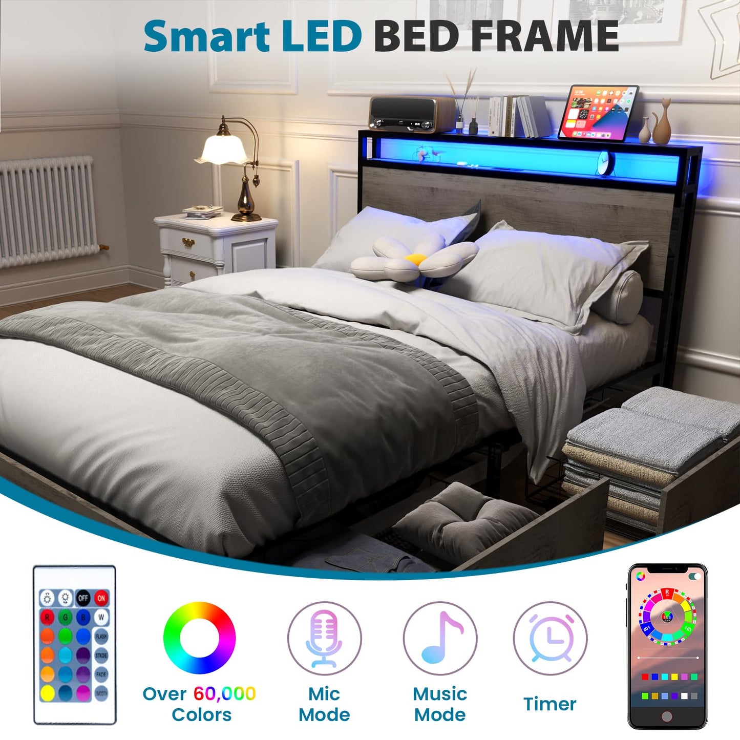 Kiivakii Queen Size Bed Frame with 4 Storage Drawers, LED Platform Bed with Headboard, Built in Charging Station, Noise-Free, Metal Support Base, No Box Spring Needed, Gray
