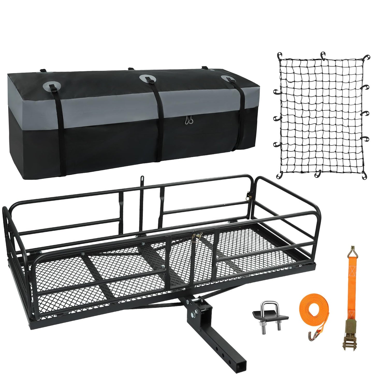 Season Guard Hitch Cargo Carrier with High Side Rails, 60"x24"x14" Folding Basket Rack, Heavy Duty Luggage Platform Fits 2" Receiver for SUV, RV, Truck, Cargo Net, Strapes, Waterproof Bag Included