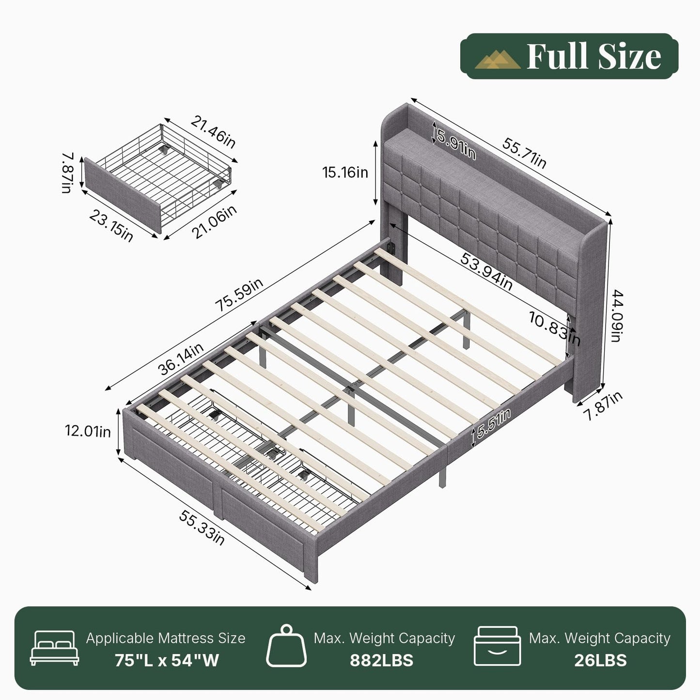 HAPPYMONT Full Size Storage Bed Frame, Square Tufted Headboard, Platform Bed with 2 Underbed Drawers at Foot, Wooden Slats Support, No Box Spring Needed, Dark Gray