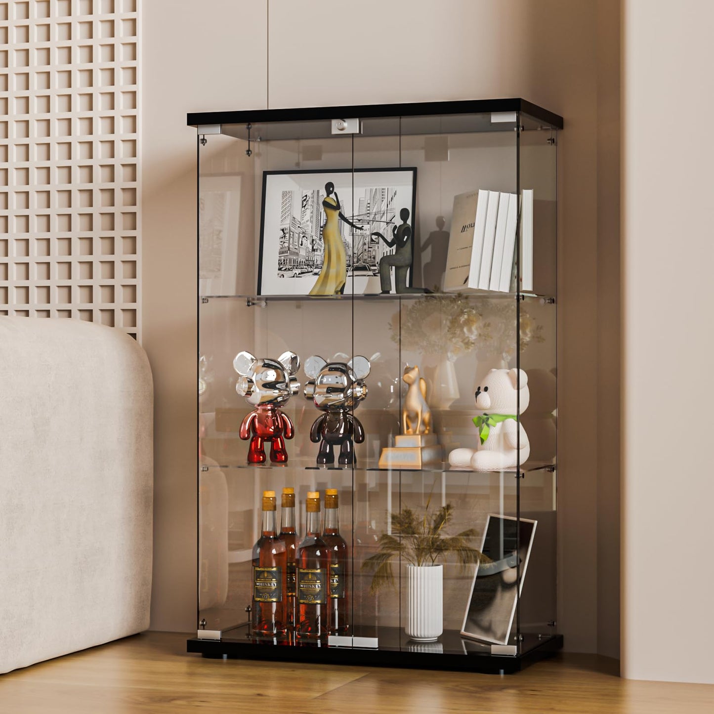 FANYUSHOW Glass Display Cabinet, 2-Door Curio Cabinet with Lock and Glass Shelves, Black Display Case for Collectibles, Lego, Figures, Books, Wine and Home Decor