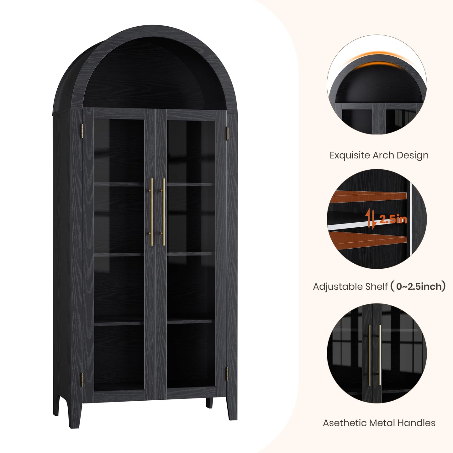 Garvee Arched Cabinet with Glass Doors, 5-Tier Kitchen Pantry Cabinet with Adjustable Shelves, Farmhouse Display Storage Cabinet for Dining Room, Living Room, Black