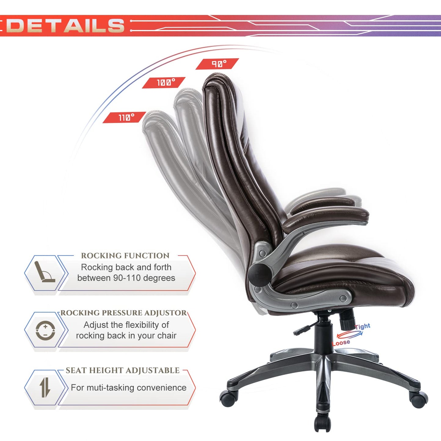 COLAMY Office Chair High Back Leather Executive Computer Desk Chair, Flip-up Arms and Adjustable Swivel Chair Thick Padding for Comfort and Ergonomic Design for Lumbar Support (Classic Black)