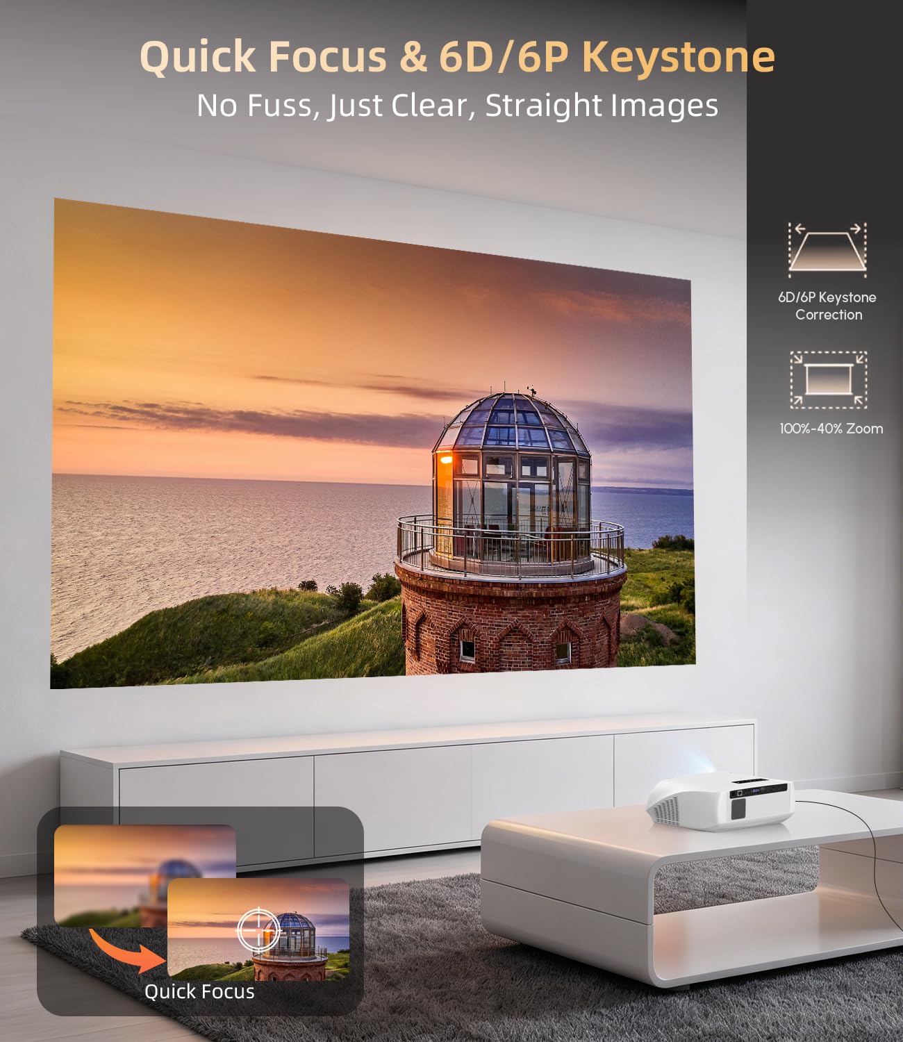2000 ANSI Daylight Projector 4K, Smart Projector with WiFi 6 & Bluetooth, 38W Speakers, Smart OS, HDMI 2.1 ARC, Quick Focus, 350" Screen, Home Theater Movie Projector for Outdoor, Gaming, Bright Rooms