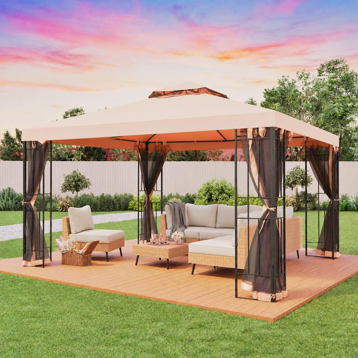 LAUSAINT HOME 10' x 10' Outdoor Patio Gazebo, Heavy-Duty Steel Frame Gazebo with Double-Tier Roof & Mosquito Netting, Party Tent Shelter for Backyard, Garden, Lawn, Khaki