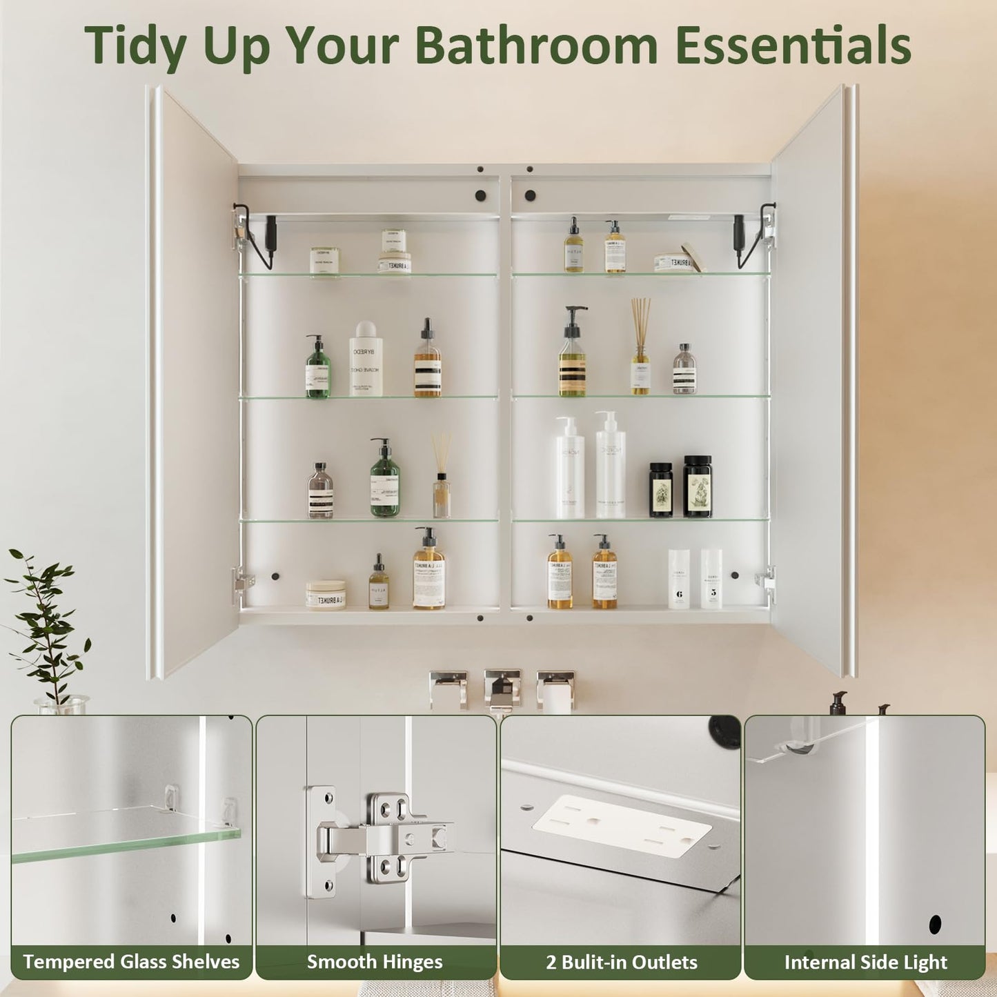 LED Medicine Cabinet Mirror 30x36 IN, Lighted Medicine Cabinet with 3-Colors Dimmable Light, Defog, Medicine Cabinet with Light Built-in 2-Compartment, Sensing Light, 2 Outlets, Recessed or Wall Mount