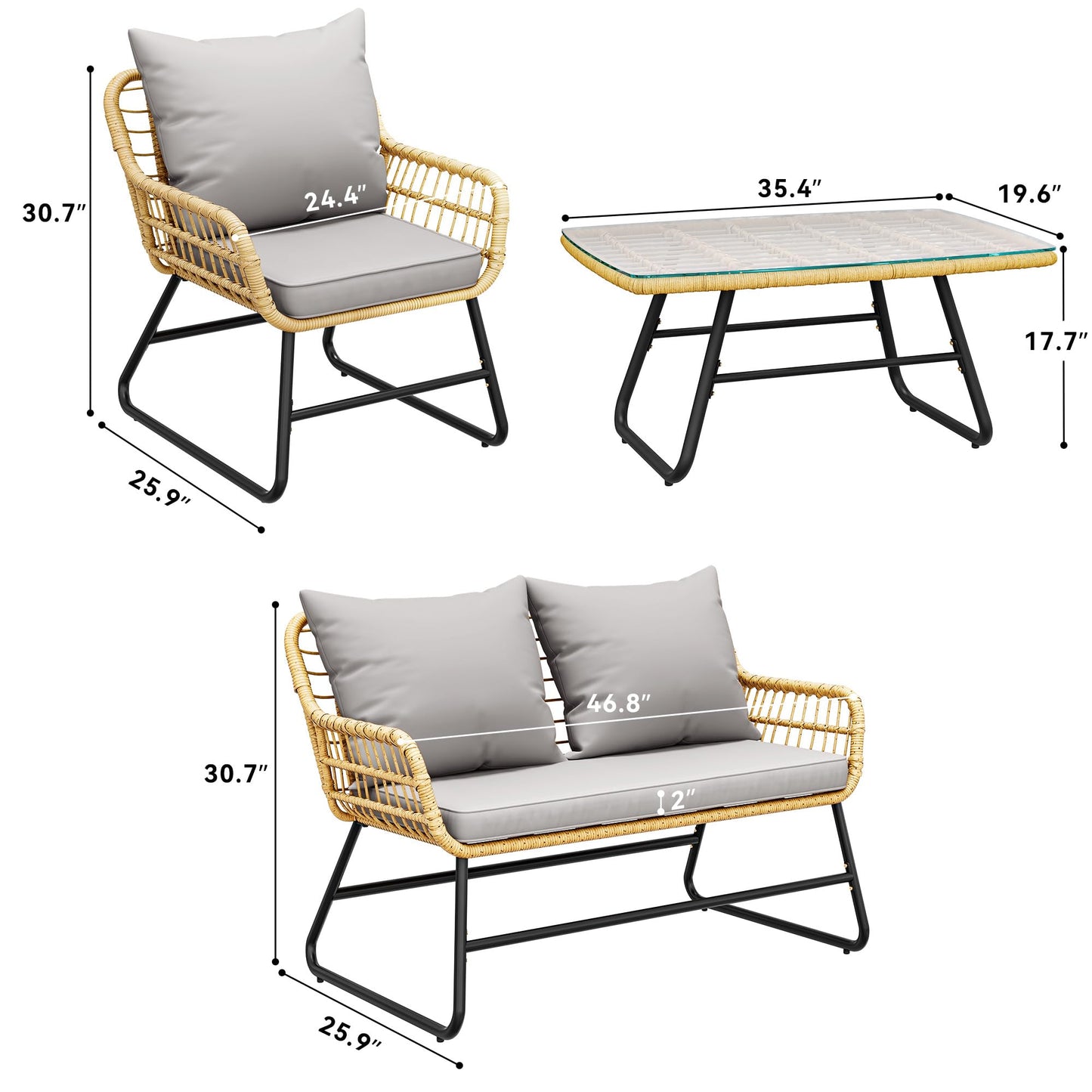 YITAHOME 4-Piece Patio Furniture Set, Wicker Outdoor Bistro Set, All Weather Rattan Patio Conversation Set with Soft Cushions and Glass Side Table for Backyard, Balcony, Deck - Light Grey