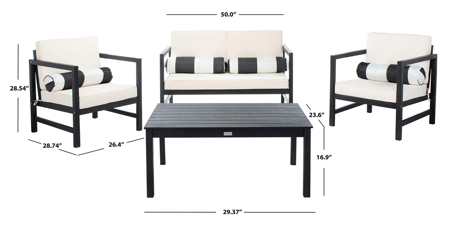 SAFAVIEH Outdoor Collection Montez Black/ Beige Cushions/ Striped Bolster Pillows 4-Piece Conversation Patio Set