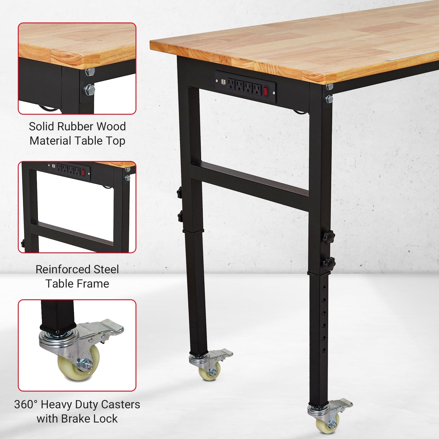 Adjustable Workbench with Wheels 48x24 Inches-Heavy Duty Adjustable Height Work Benches for Garage,Lockable Rolling Workbenches for Workshop and Home DIY 27.8"-39.5" Height