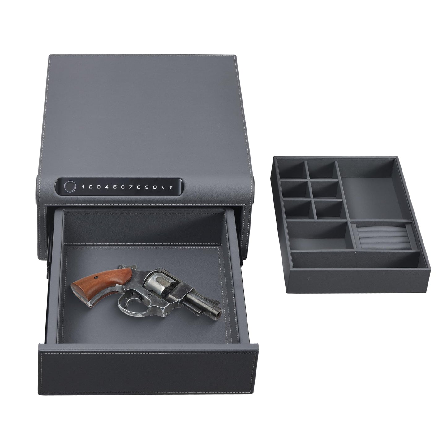 VALINIRT Jewelry Safe with Drawers，Biometric Fingerprint safe, Slide-Away Handgun Safe for Pistols, Leather Wrapped Jewelry Storage Safe, Digital Keypad & Quick-Access Drawer (Grey- 1 Drawer)