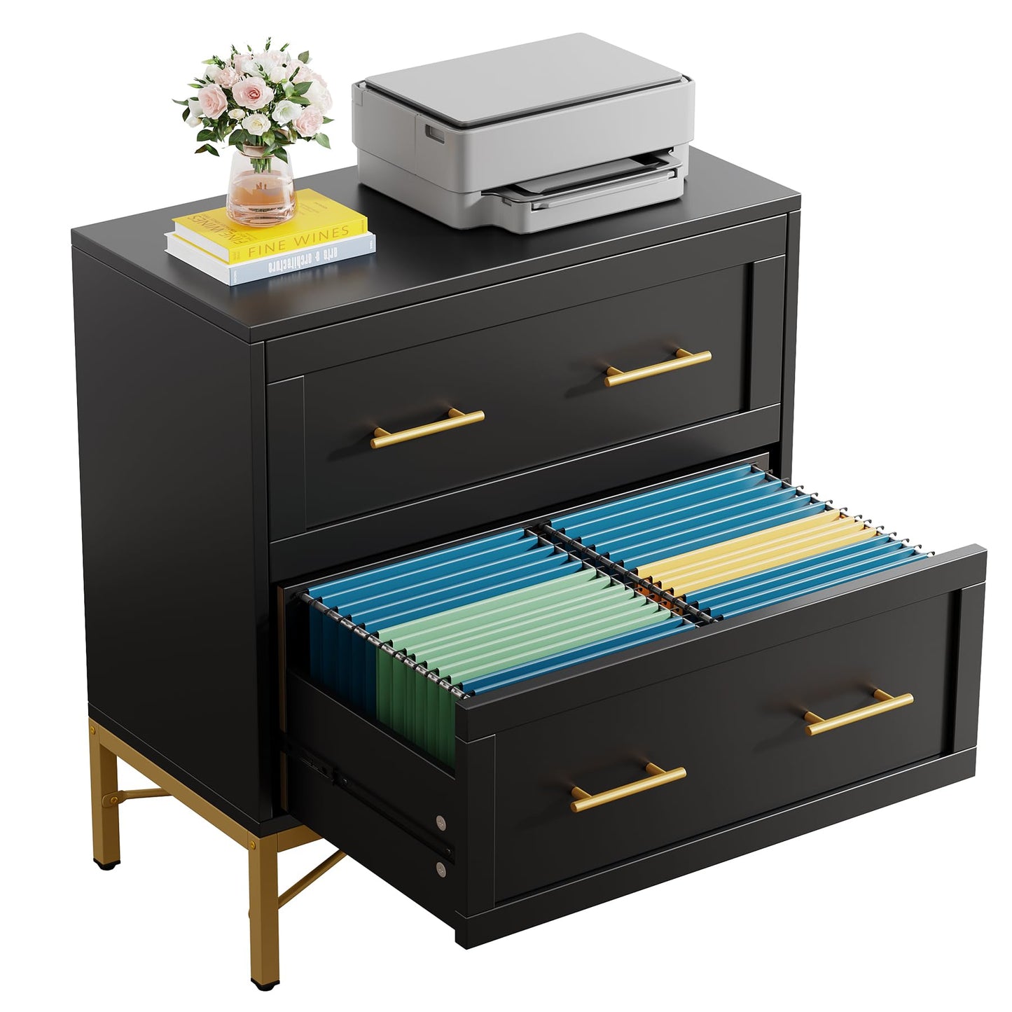 Tribesigns 2 Drawer File Cabinet, Modern Wood Lateral Filing Cabinet for Letter/Legal/A4 Size, Large File Storage Cabinets Printer Stand with Storage for Home Office, Black and Gold