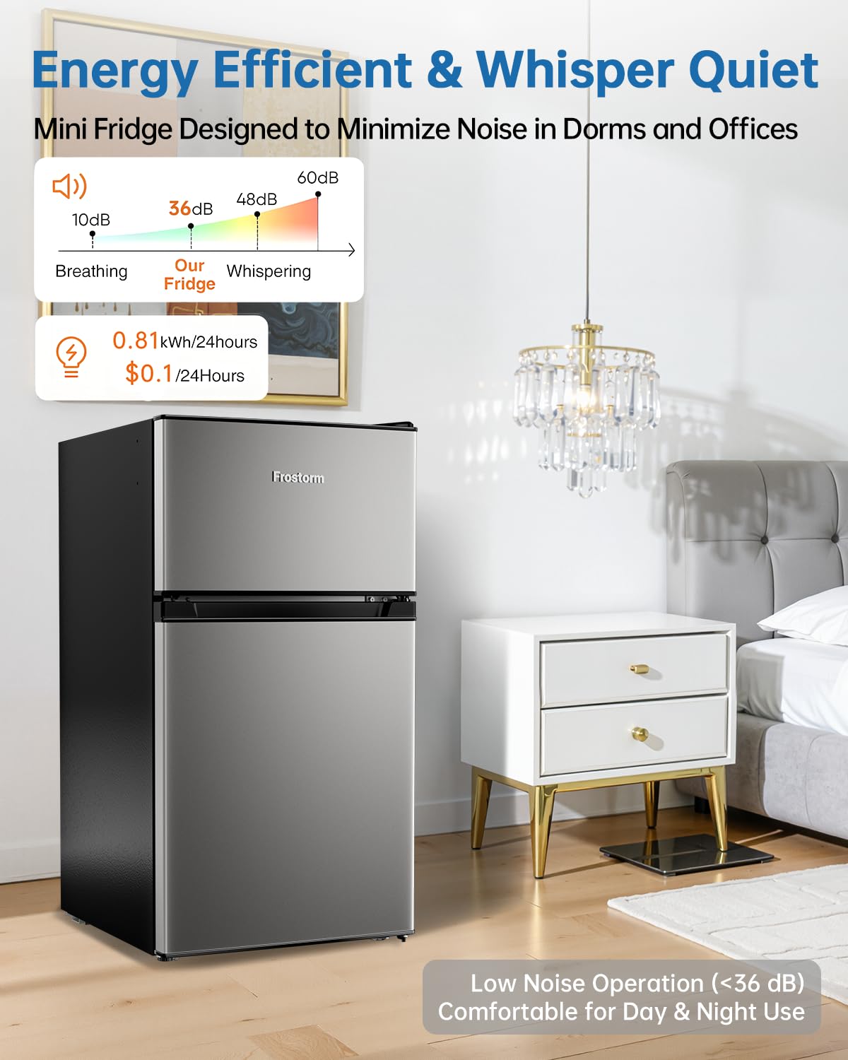 Frostorm 3.2 Cu Ft Mini Fridge with Freezer - Energy Efficient, Double Door Upright Freezer for Bedroom, Office & Dorm | Small Fridge, Glass Shelves,Interior Light,ETL Certified,etc(Silver)