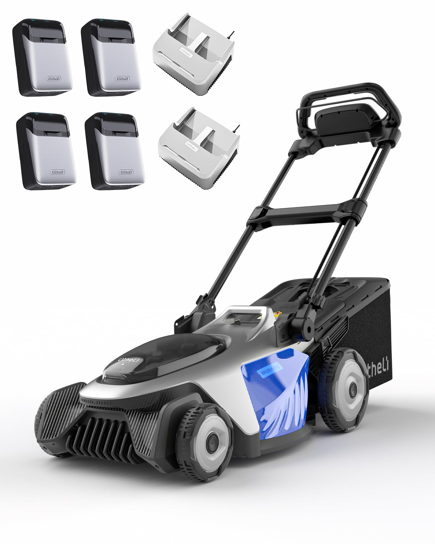 Electric Lawn Mower, Self-Propelled Cordless 40V (2×20V) 21" Brushless Lawnmower with Electric Cutting Height Adjustment, Higher Rotation Speed, 4×8.0Ah Batteries and Rapid Charger Included