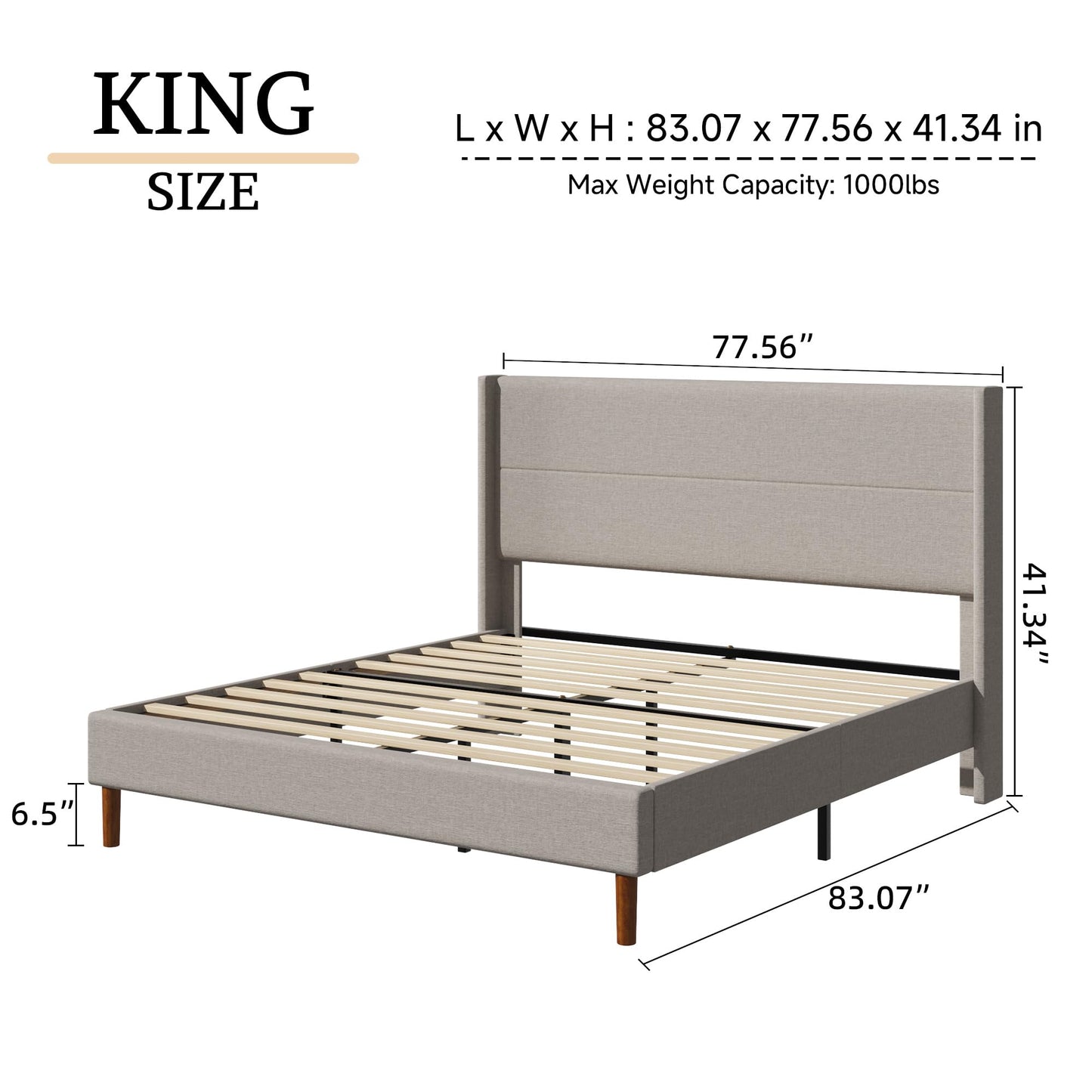 Mxhtcewz King Size Bed Frame, Linen Upholstered Platform with Wingback Headboard, Wooden Slats Support, No Box Spring Needed, Easy Assembly, Beige