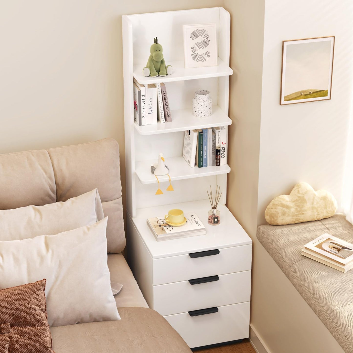 QEZEOM Tall Nightstand with Drawers & Open Shelves, 51.18" Bedside Storage Cabinet, Modern Free-Standing Bedroom End Table with Bookcase, Space-Saving, Easy Assembly, White