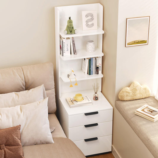QEZEOM Tall Nightstand with Drawers & Open Shelves, 51.18" Bedside Storage Cabinet, Modern Free-Standing Bedroom End Table with Bookcase, Space-Saving, Easy Assembly, White