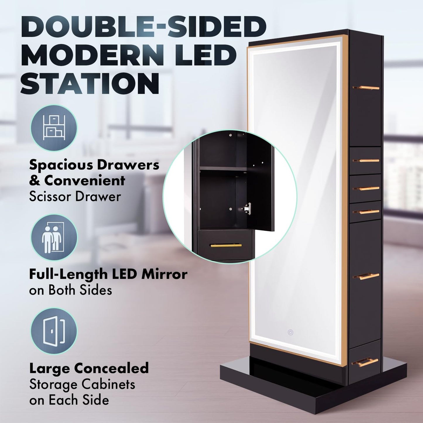 Buy-Rite Salon & Spa Equipment Modena Ultra Double Sided LED Styling Station for Professional Salons and Barbershops, Gold Frame with Gold Handles, NIN-MD-01-ULTRALED (Gloss Black)