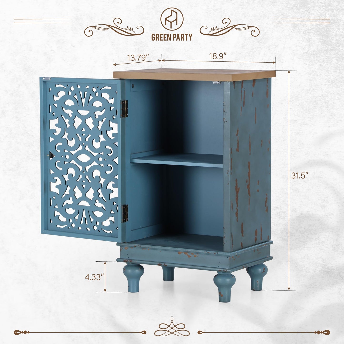 GREEN PARTY Accent Storage Cabinet End Table Nightstand Sofa Table with Single Door Teal Floral Pattern for Living Room, Bedroom, Coffee Table, Teal Floral