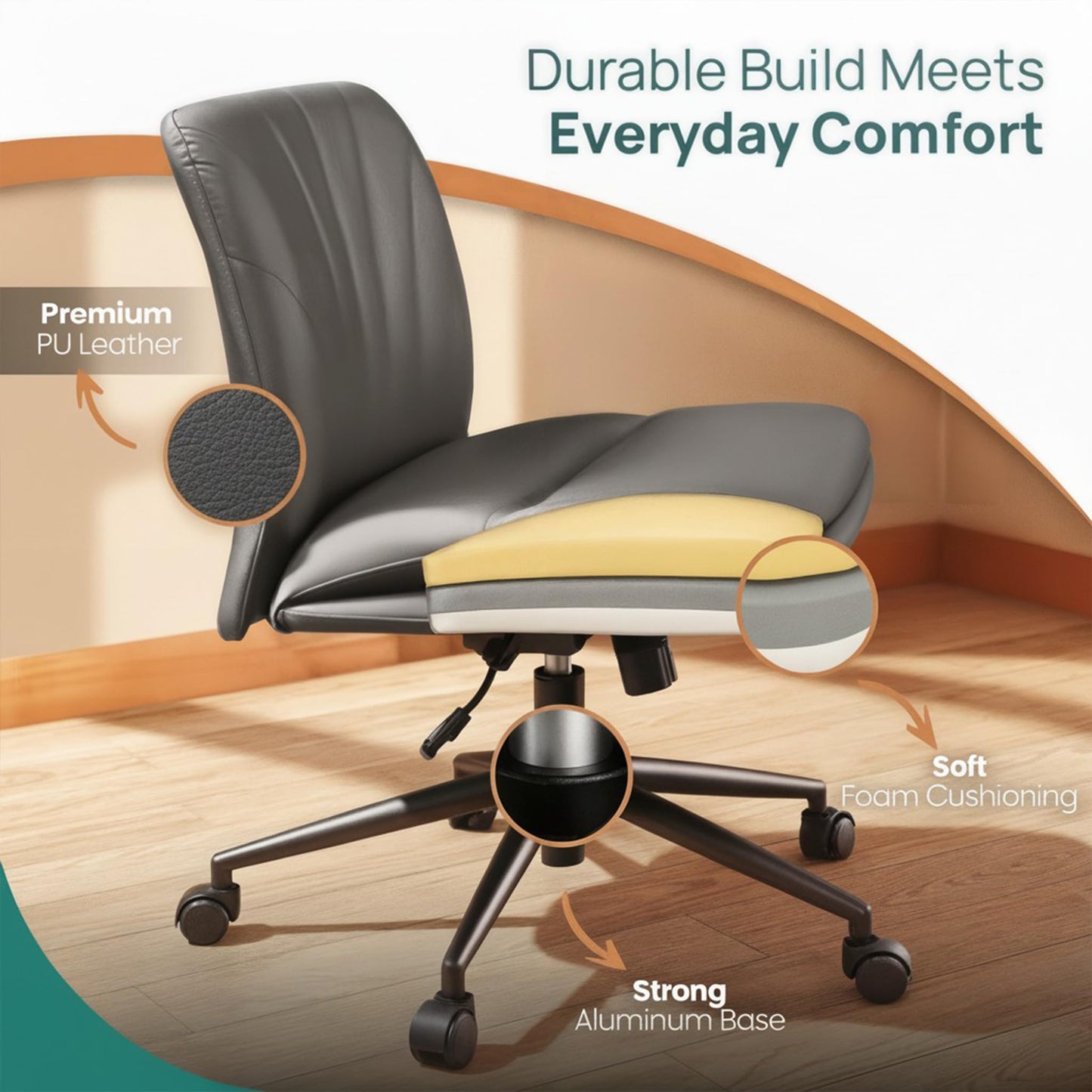NYPOT Armless Desk Chair with Wheels for Criss Cross Sitting - Cross Legged Wide Armless Chair - Adjustable Vanity 360° Swivel Stool and 120° Rocking Wide Seat Comfy for Home and Office, Color Grey