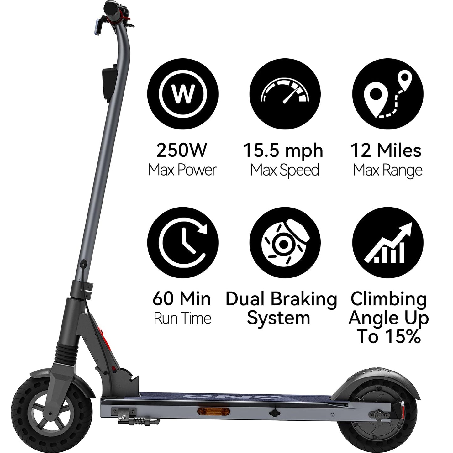 Electric Scooter for Big Kids/Teens - 250W Motor, 15.5 mph Top Speed, Rear Foot Brake, Folding E-Scooter for Riders up to 220 lbs, UL-2272 Certified, Gray