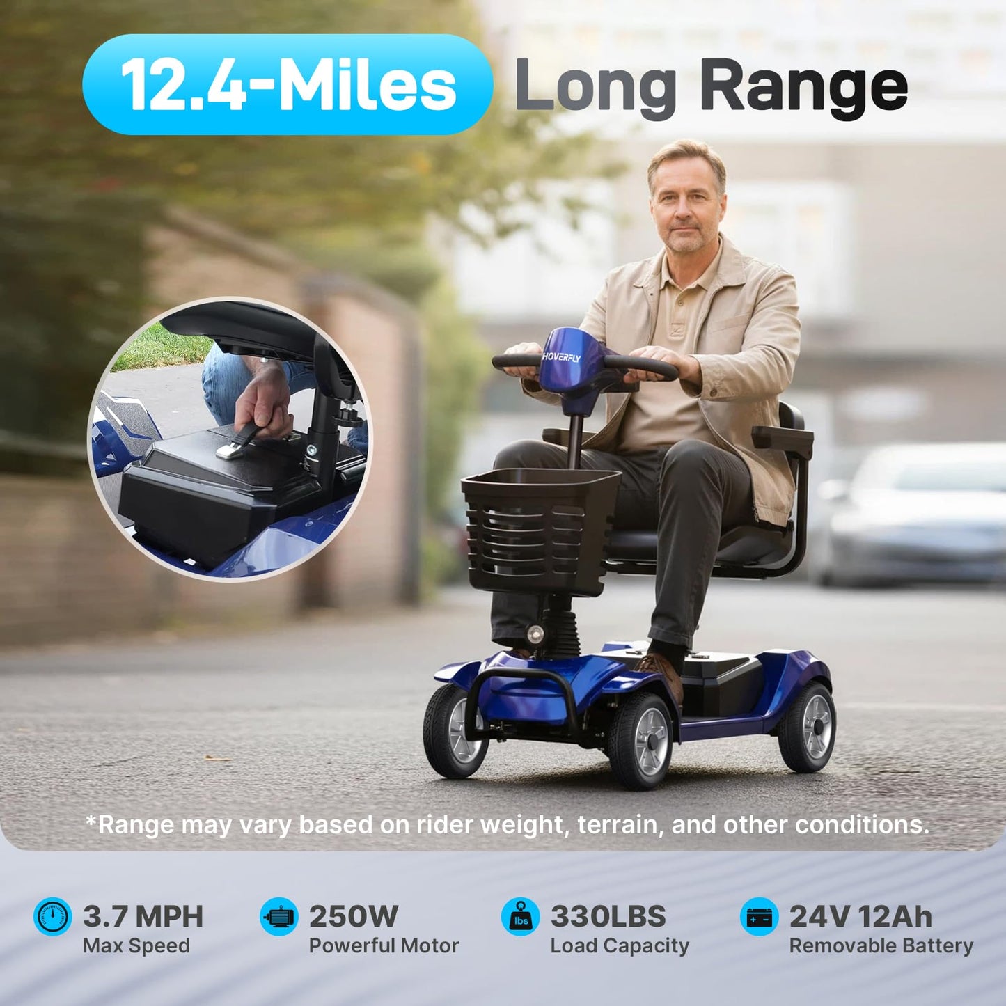 Hoverfly T4 Mobility Scooter for Seniors, Max 12.4-Mile Range & 3.7 mph, 3-Position Seat & Anti-slip Rear Wheel, Removed Battery&Quick Fold Design, Solid 9" Tire&330 lb Capacity, Ease of Assembly Blue