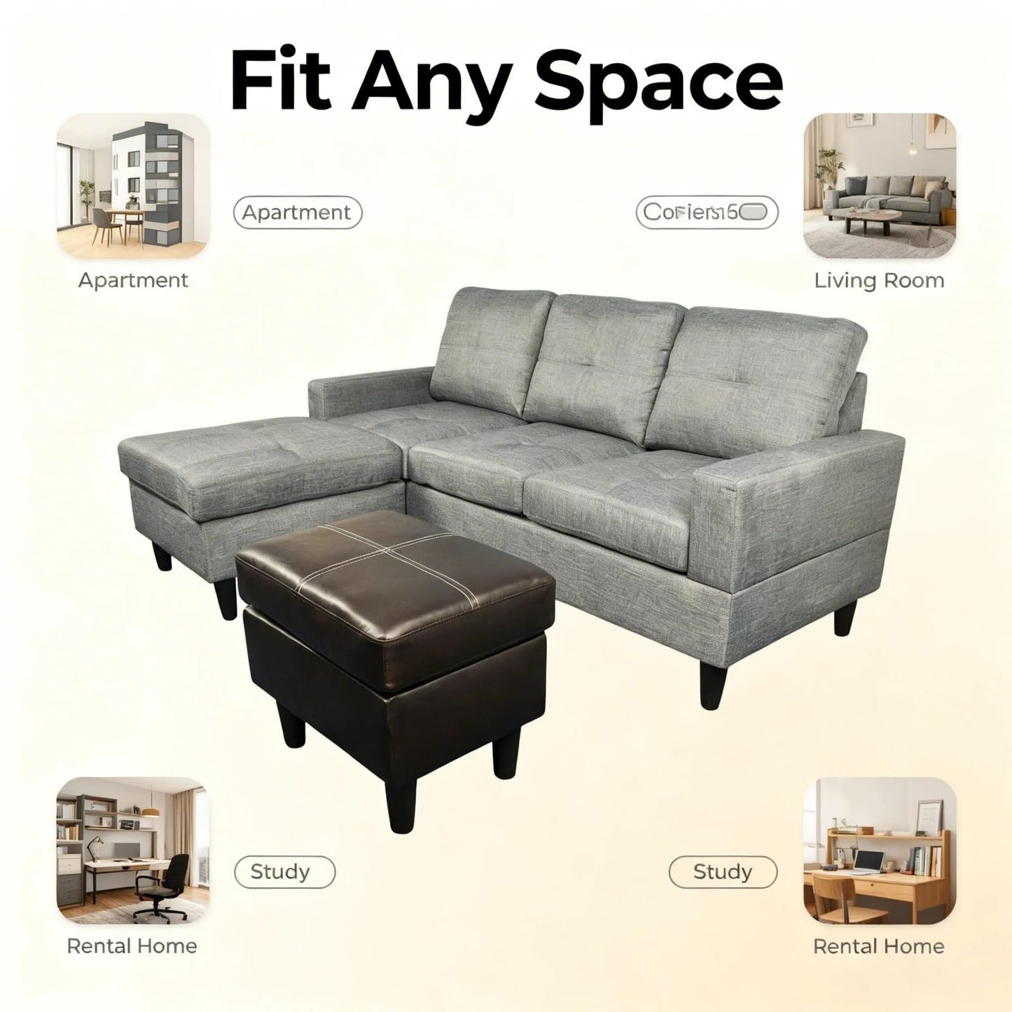 Trygoal 75 inch L-Shape Sofa with Storage Ottoman, Leather Sectional Couch with Right Chaise, Modern 3-Piece Sofa Set, Upholstered Couch Set with Solid Wood Frame for Apartment, Loft, Grey