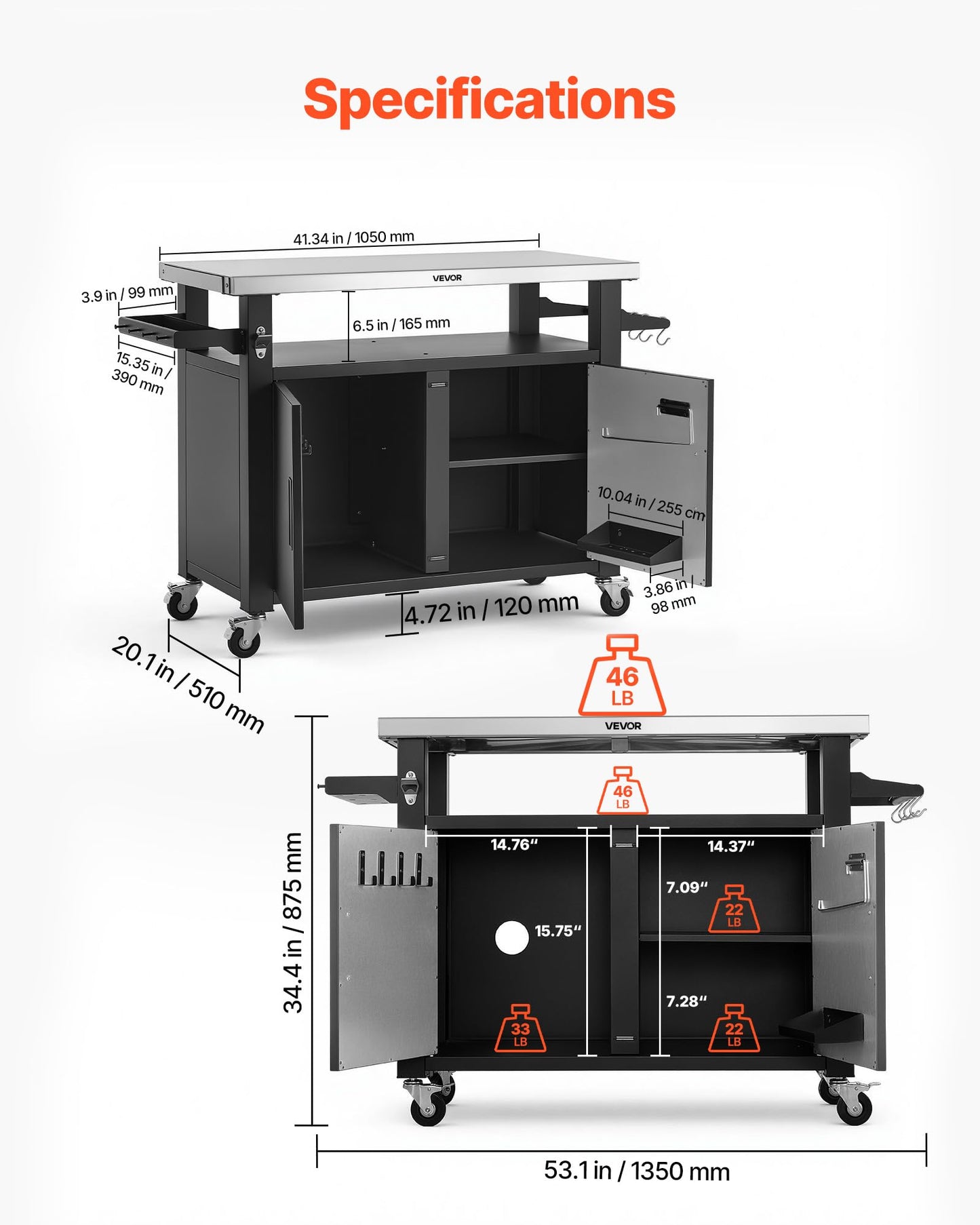 VEVOR Outdoor Grill Cart with Storage Cabinet, 53.1 Inch Grill Table, Waterproof Kitchen Island with Stainless Steel Top, Shelf, and Wheels, Movable Food Prep Station for Patio Bar Backyard BBQ
