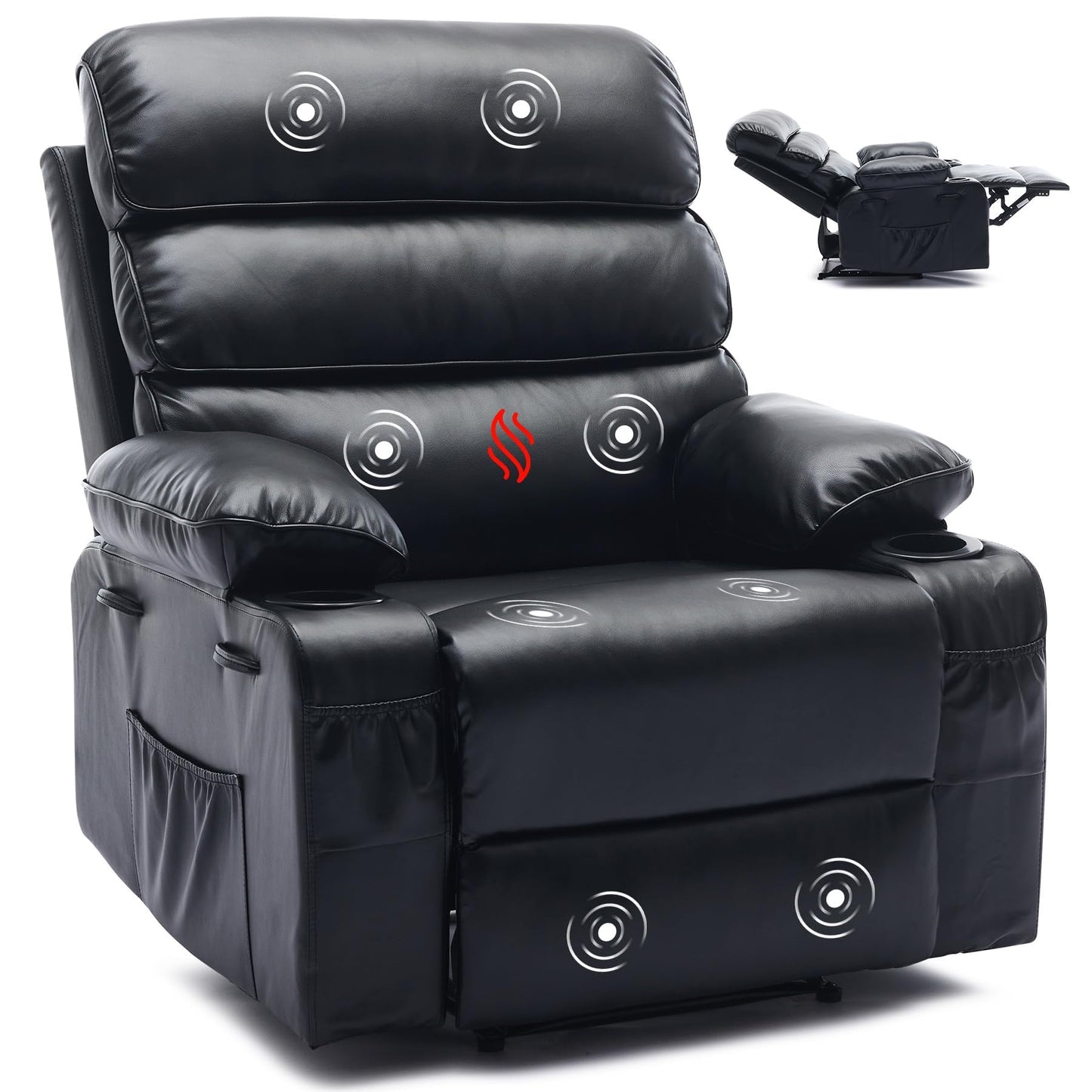 PU Leather Recliner Chair with Heat & 8-Point Massage, Extra Wide Manual Recliner for Adults, q235 Steel Frame, Side Pockets, 1.5X Comfort Arm & Back, Lazy Boy Sofa for Living Room or Bedroom - Black