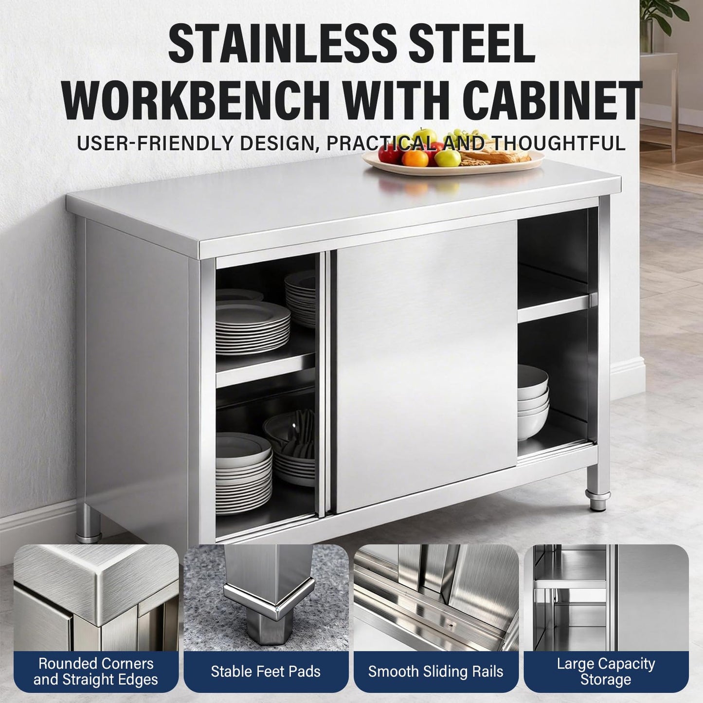 Stainless Steel Commercial Worktable w/Sliding Doors for Prep & Work 39.4" x 19.7" x 33.5" Commercial Kitchen Prep Table Heavy Duty Workbench w/Cabinet for Home Restaurant Hotel and Garage (Small)