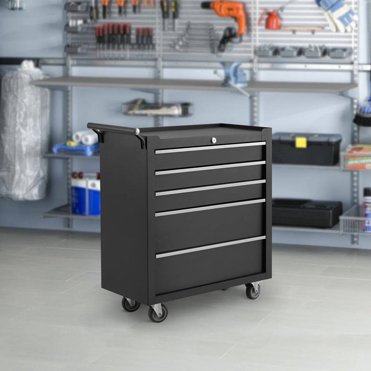 5-Drawers Rolling Tool Chest, Tool Storage Cabinet Organizer with Wheels and Lock System, Portable Toolbox Cart for Garage, Warehouse, Workshop & Repair Shop