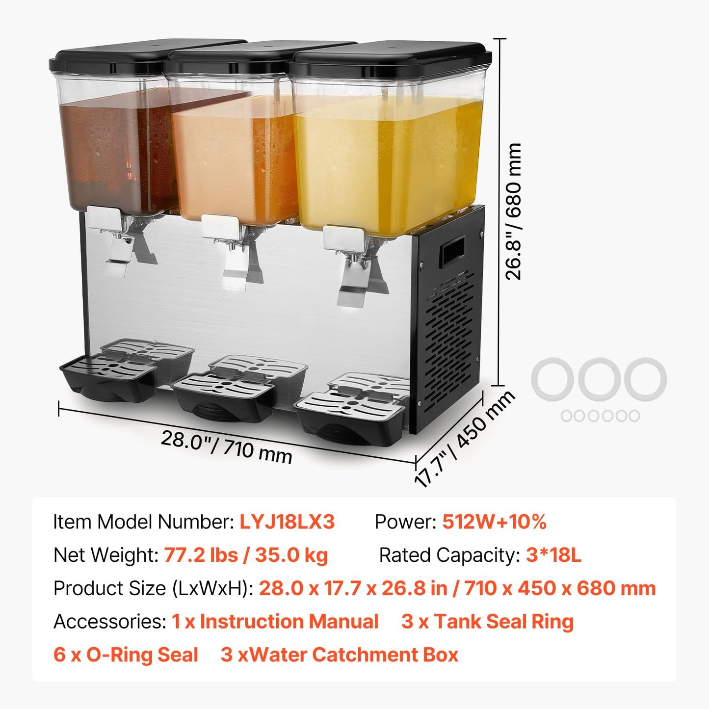 VEVOR Commercial Beverage Dispenser, 3 Tanks Juice Dispenser, 18 L / 19 QT Per Tank, 512W Stainless Steel Ice Tea Drink Machine with 45℉ to 54℉ Cooling Temp, for Cold Drink Restaurant Bar Party