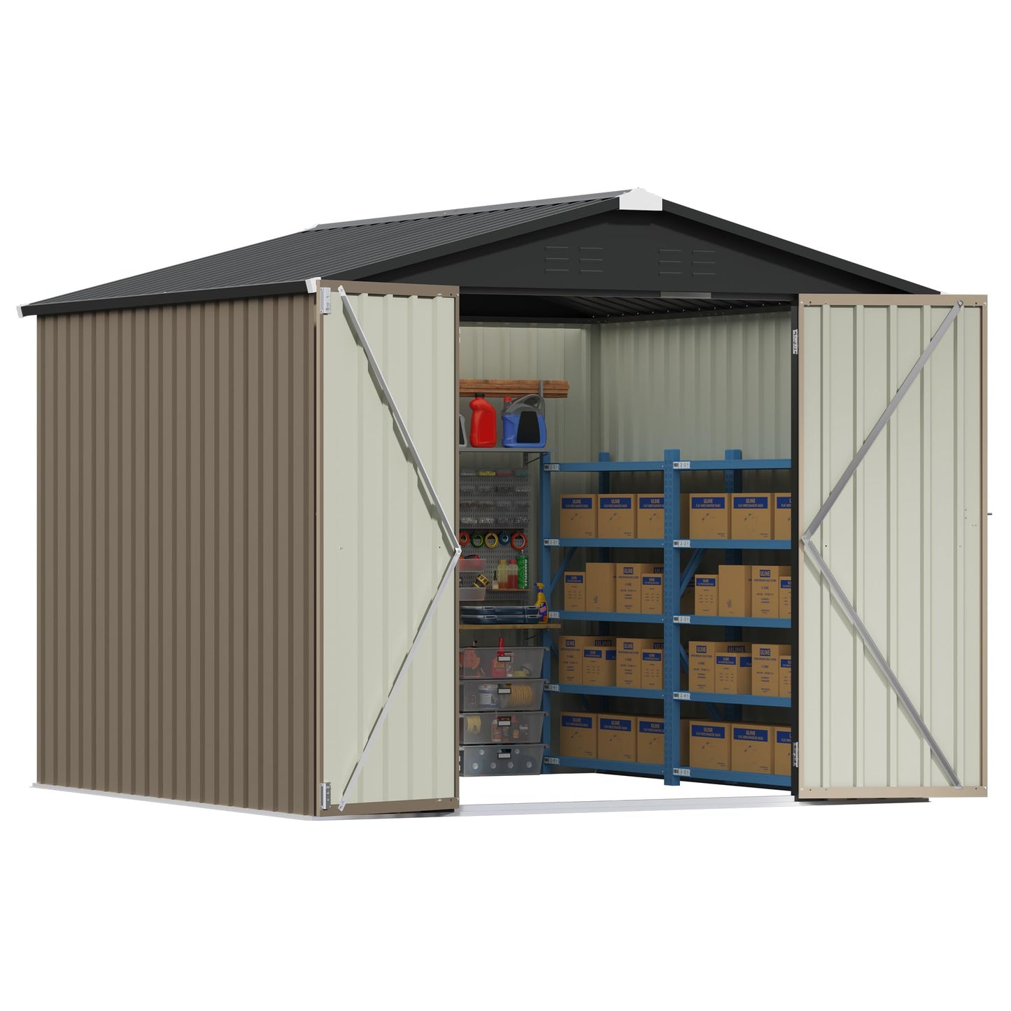 Patiowell 8x8 FT Storage Shed with Lockable Door, Metal Tool Outdoor Sheds with Sloping Roof, Modern Utility Patio Shed for Lawn Garden Backyard, Brown