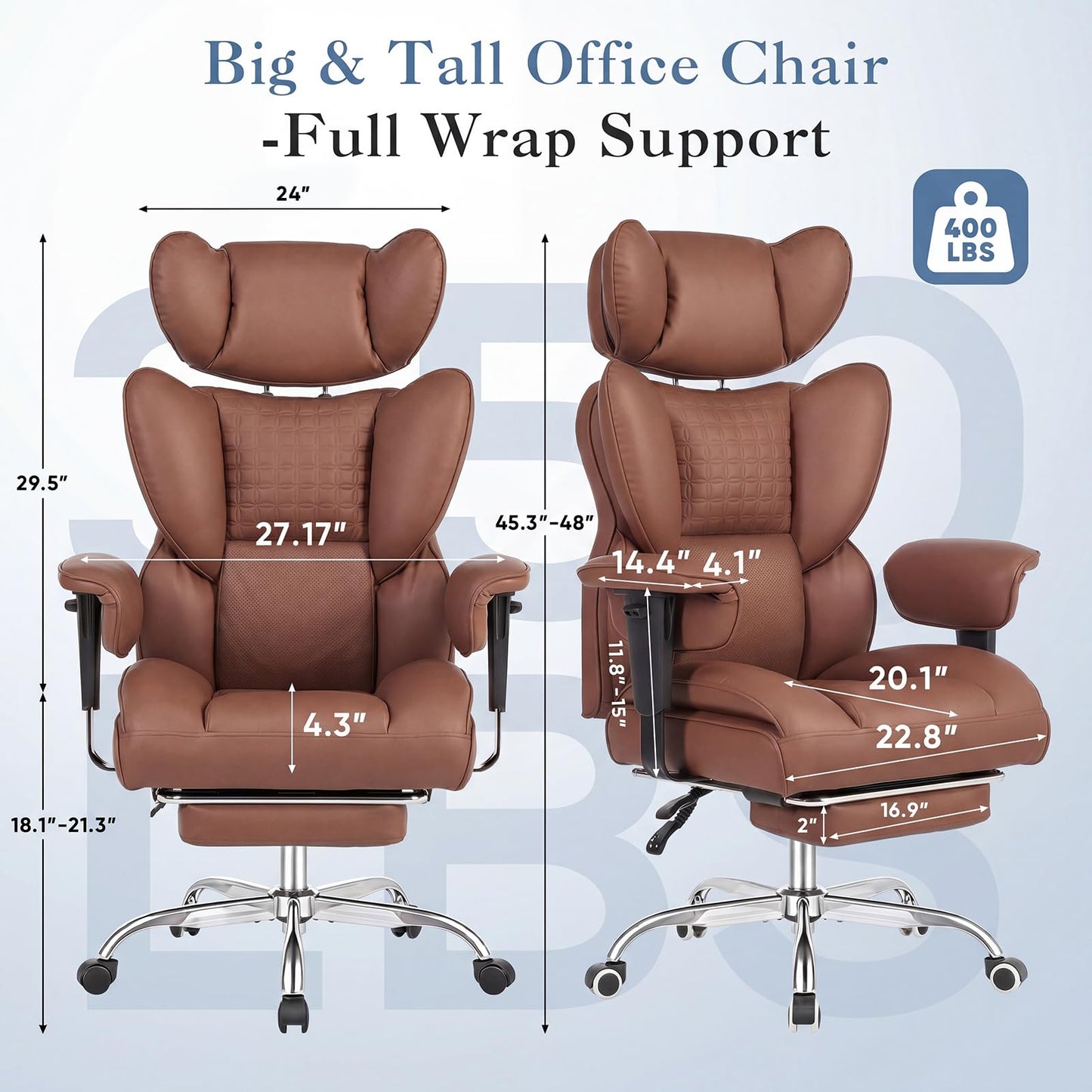 DUMOS Big and Tall Home Office Desk Chair, Gaming Computer Chair, Executive Ergonomic Chair with Footrest, High Back Reclining, Adjustable Armrests and Comfy Lumbar Support, PU Leather, Brown