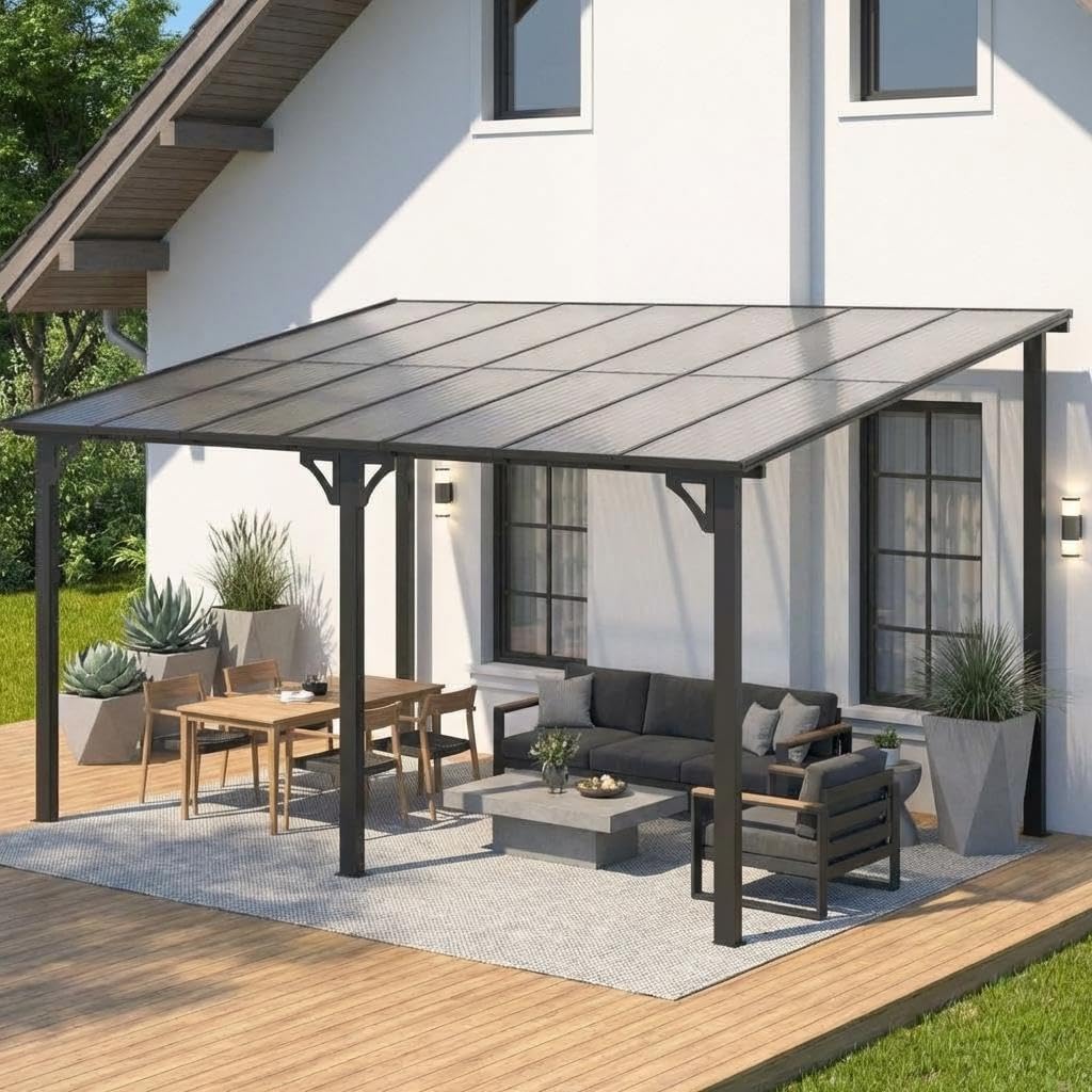 10x14 ft Wall Mounted Gazebo, Hardtop Lean to Pergola with Sloped Roof & Gutters, Heavy Duty Outdoor Awning for Patio, Deck, Porch, Backyard – Black