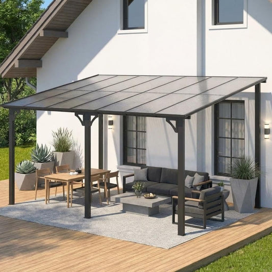 10x14 ft Wall Mounted Gazebo, Hardtop Lean to Pergola with Sloped Roof & Gutters, Heavy Duty Outdoor Awning for Patio, Deck, Porch, Backyard – Black