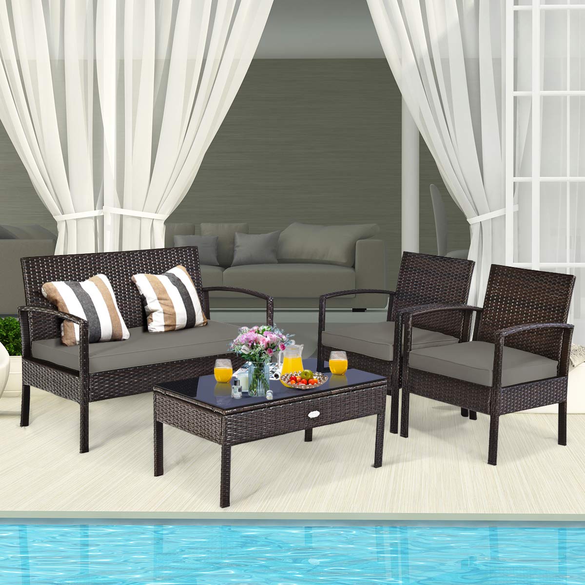Tangkula 4-PCS Wicker Patio Conversation Furniture Set, Outdoor Rattan Chair and Table Set, Patio Furniture Sets with Coffee Table & Washable Cushions for Courtyard Balcony Garden (1, Brown)