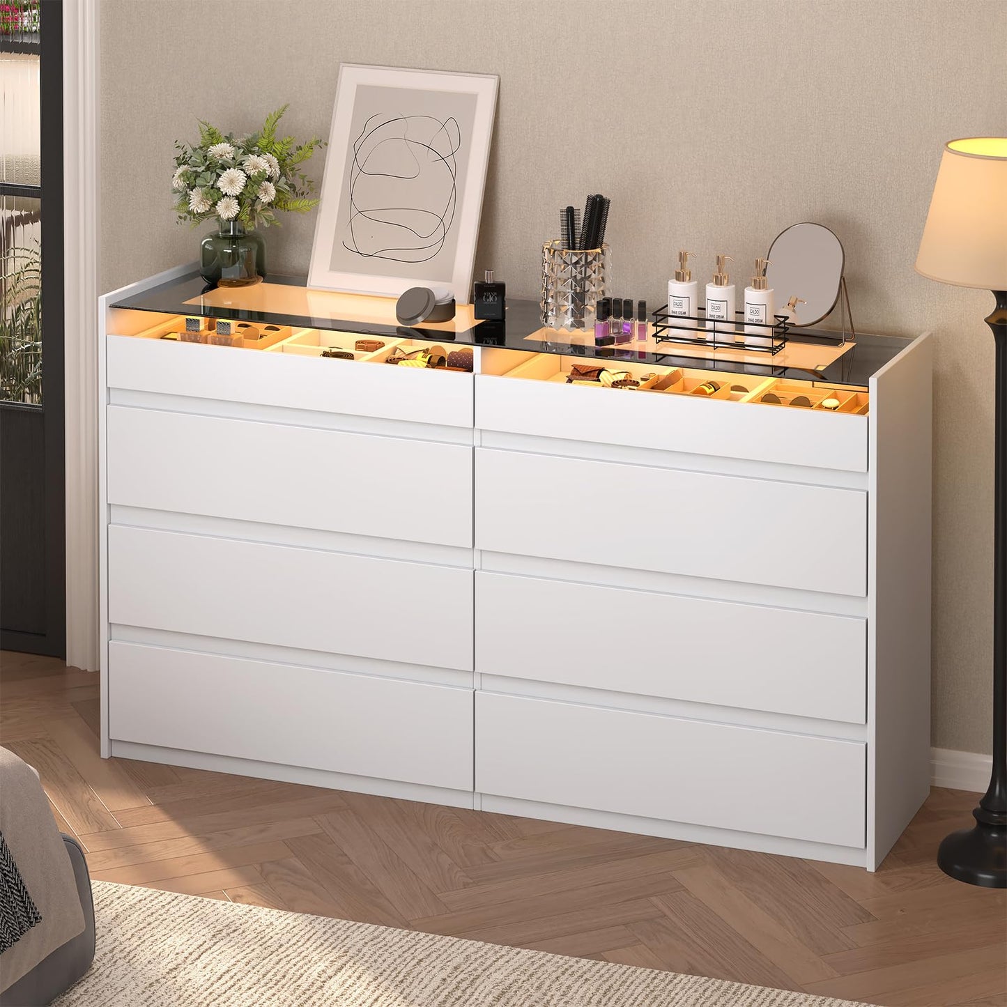 ZORPLIX White 8 Drawer Dresser for Bedroom, Modern Chest of Drawers, Jewelry Dresser Display with Glass Top and LED Light, Dressers Organizer for Bedroom, Closet, Living Room